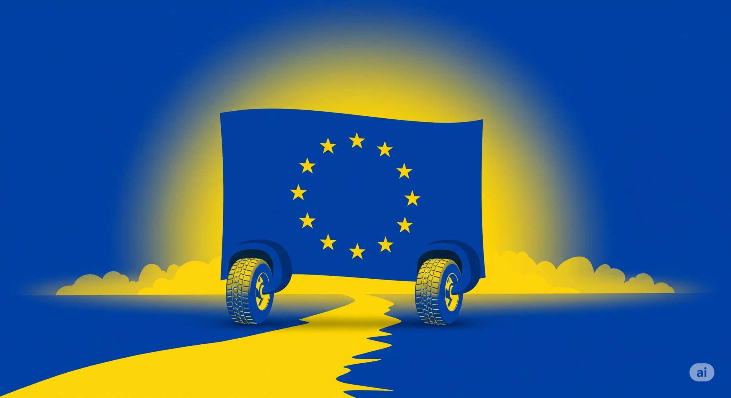 Creative illustration of a car with the EU flag as its body and wheels.