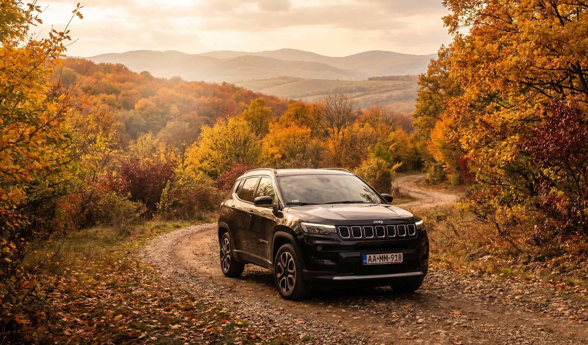 Jeep Compass driving on a forest trail during autumn with colourful trees.
